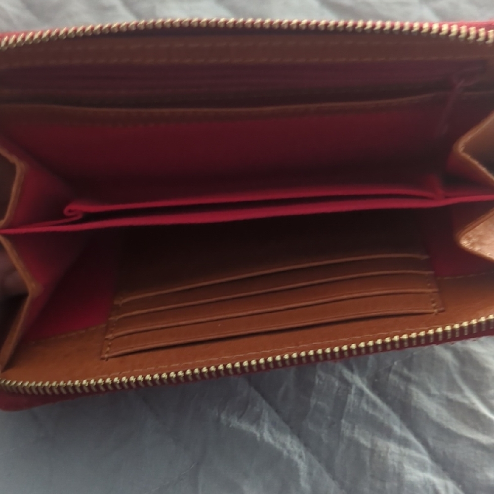 Dooney & Bourke Brown Leather Zip-Around Wallet with Red Trim - Picture 4 of 4